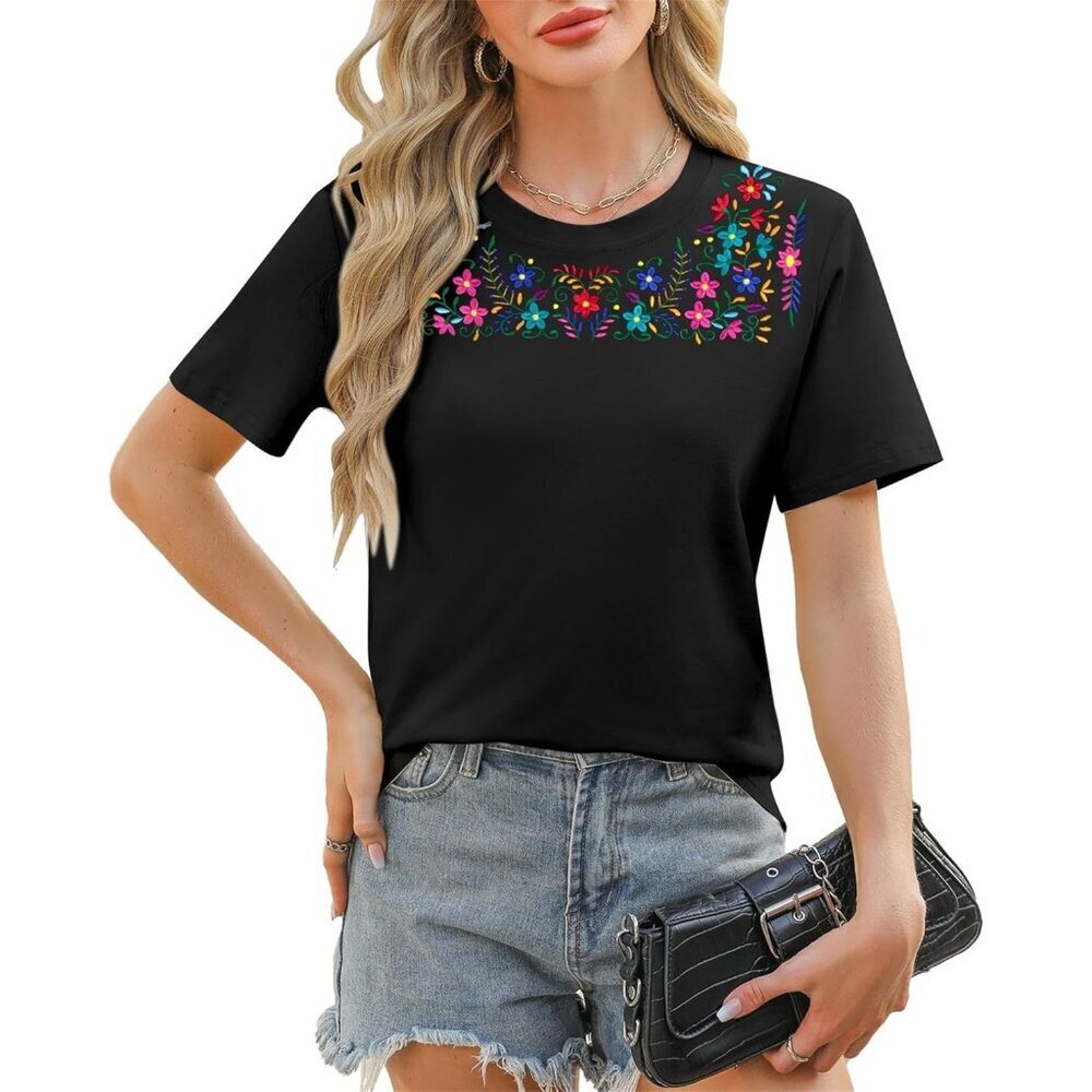 Women Mexican Embroidered Summer T-Shirt Boho Floral Party Blouse
